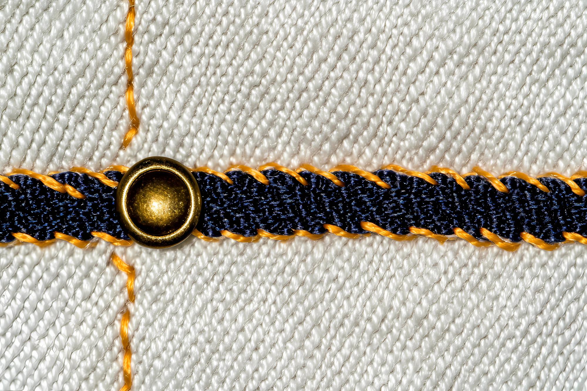 Close-up of embroidered gold thread on silk